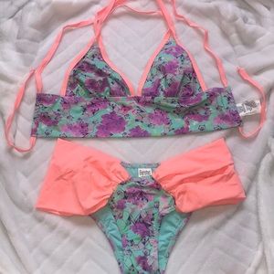 Purple green and pink bikini with purple flowers